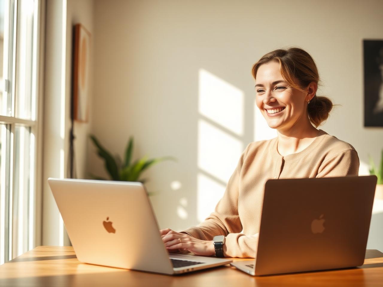Relieved small business owner smiling over a laptop