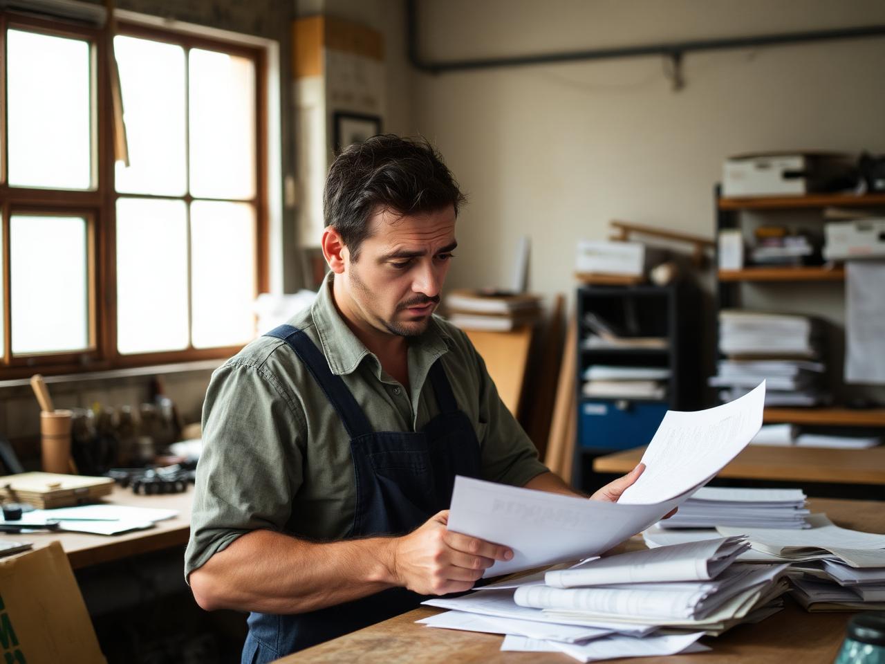 Stressed contractor sorting through paperwork
